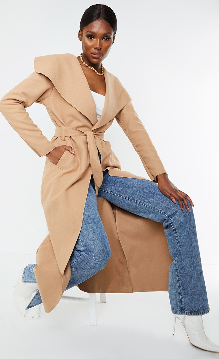 Tall Camel Mara Length Oversized Waterfall Belted Coat