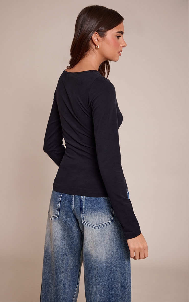 Black Soft Cotton Ruched Side Long Sleeve Top image 2