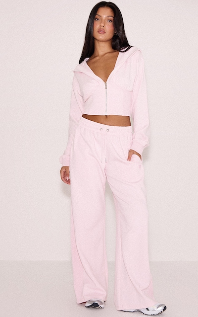 Pink Embroidered Interlock Rib Panel Wide Leg Sweatpants