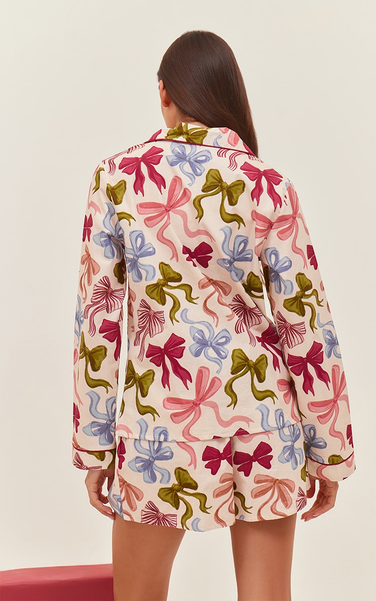 Christmas Bow Poplin Long Sleeve Top and Shorts PJ Set image 2