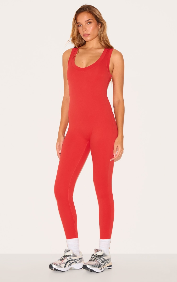 Red Sculpt Contrast Binding Unitard image 3