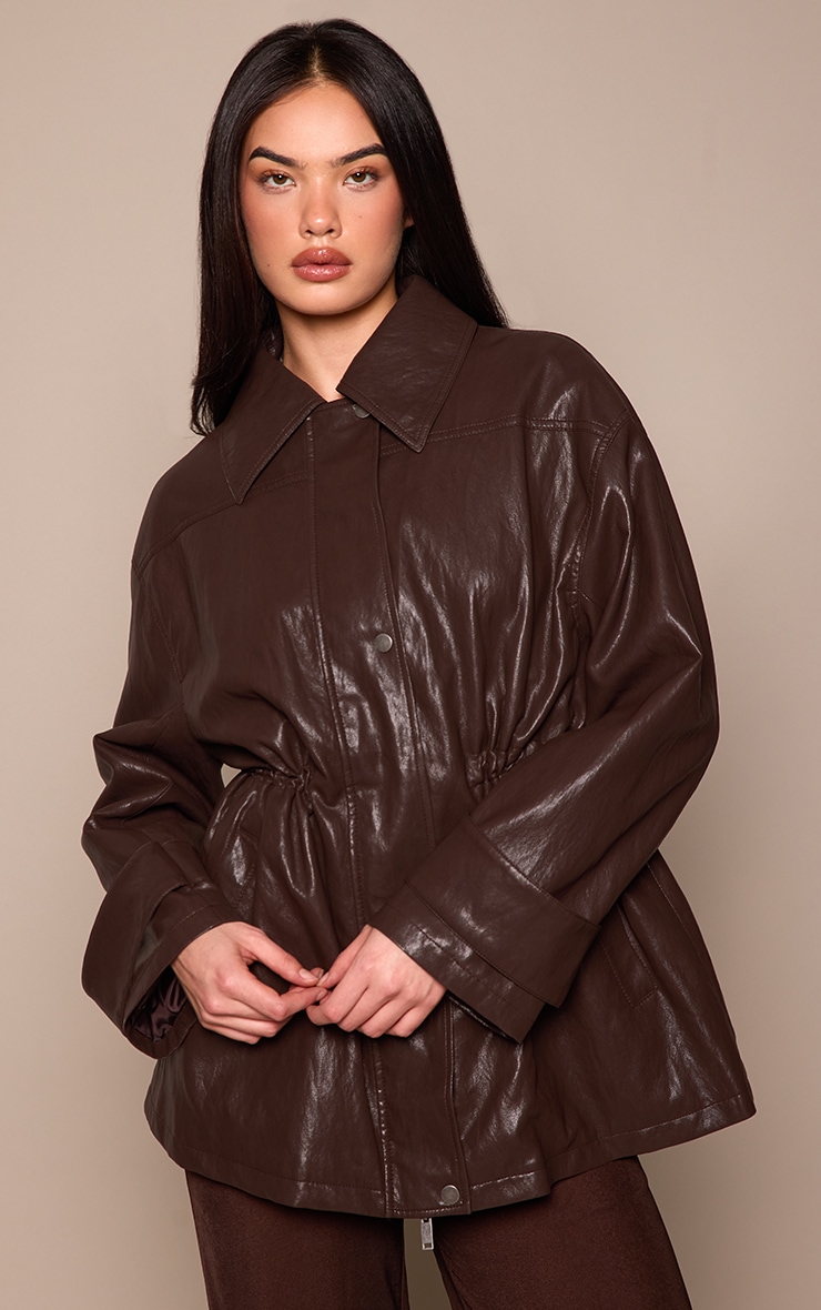 Dark Chocolate Textured High Shine PU Cinch Jacket