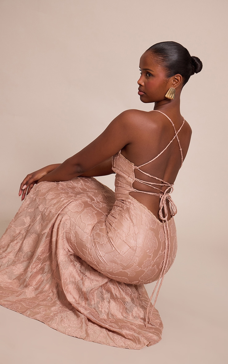 Taupe Textured Lace Up Back Maxi Dress image 2