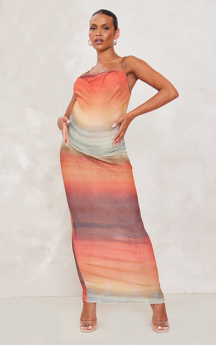 Maternity Brown Ombre Print Cowl Maxi Dress image 3
