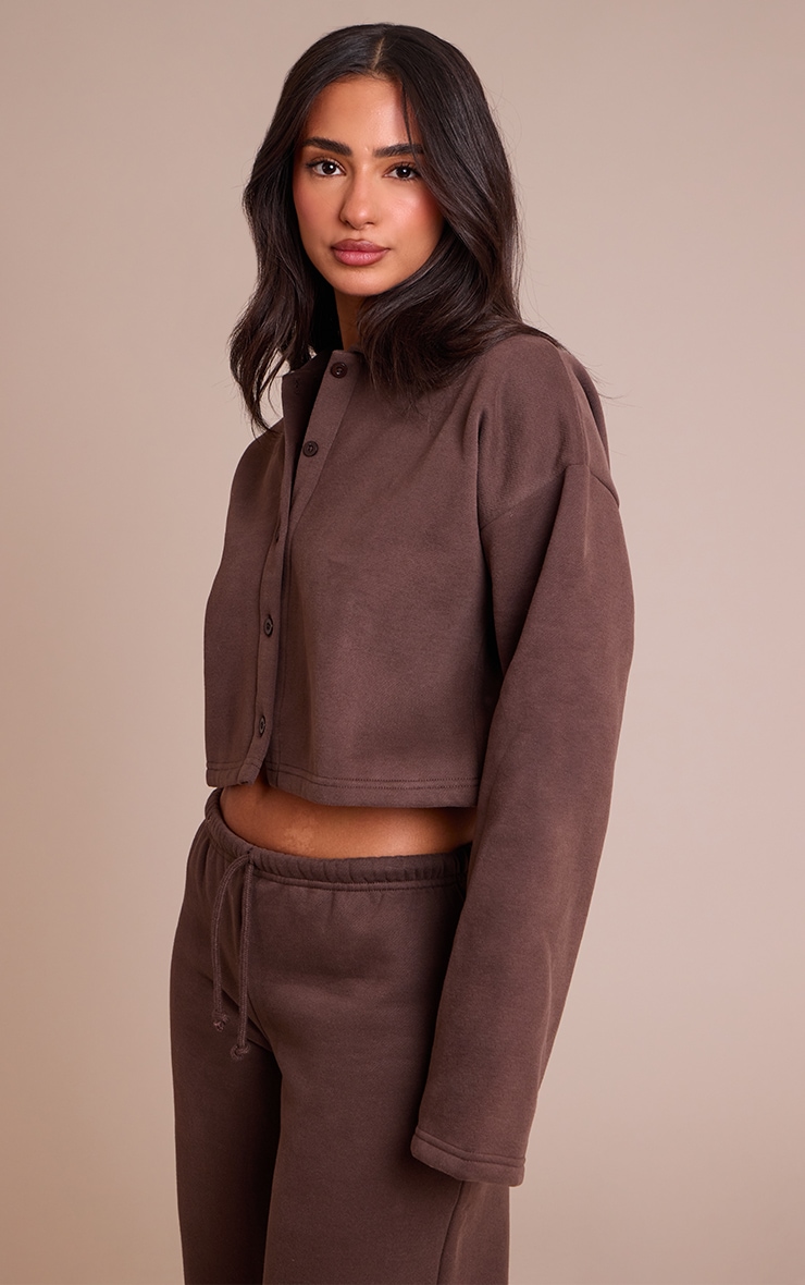 Petite Chocolate Cropped Button Up Collared Sweatshirt image 4