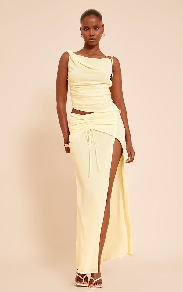 Lemon Chiffon Ruched Split Midi Skirt
