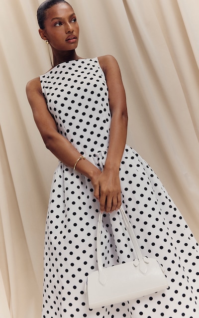 Monochrome Polka Dot Printed Dropped Waist Midaxi Dress