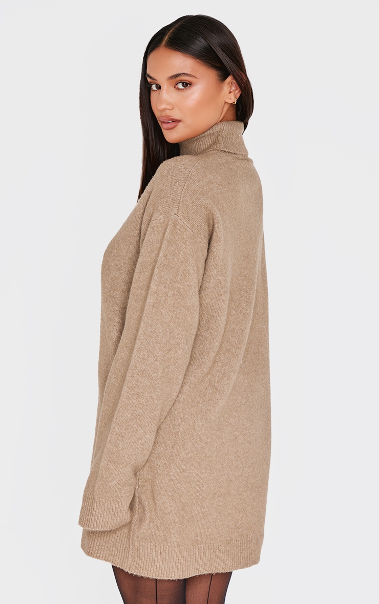 Light Mocha Soft Knit Roll Neck Oversized Seam Detail Sweater Dress image 2