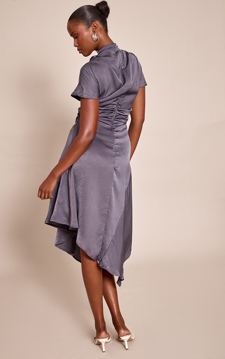 Grey Satin Draped Hanky Hem Midaxi Dress image 2