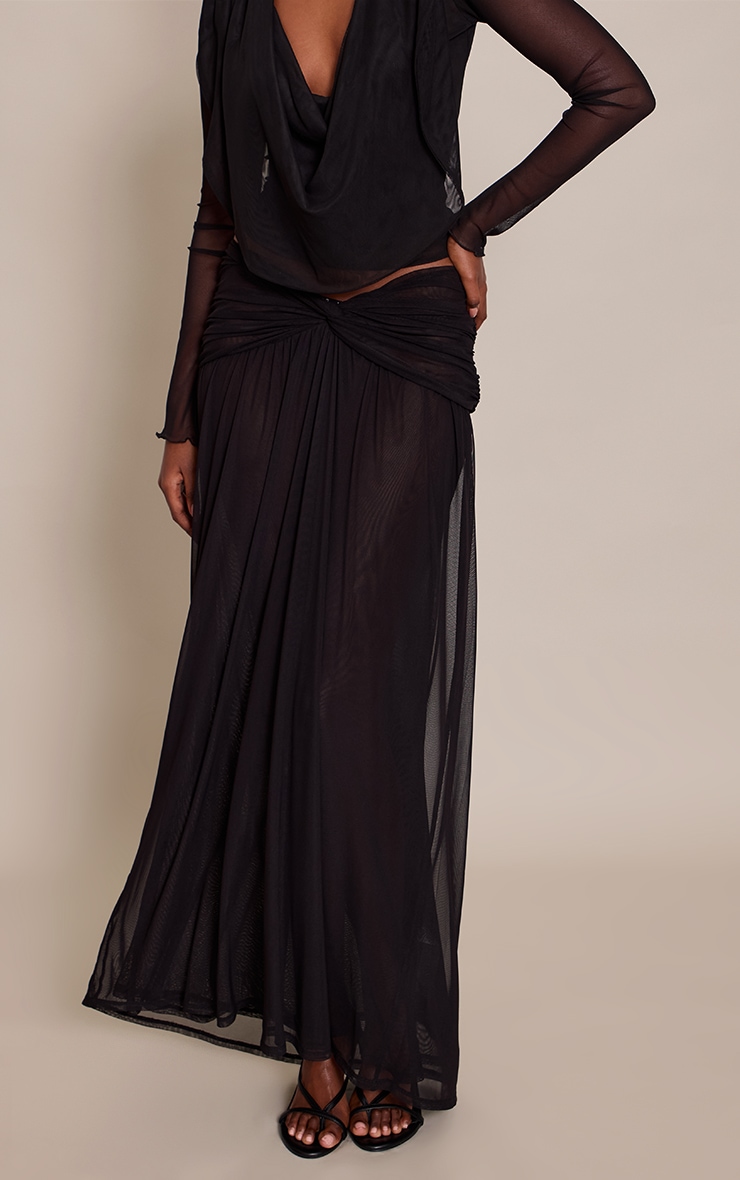 Black Mesh Twist Front Detail Floaty Maxi Skirt image 2