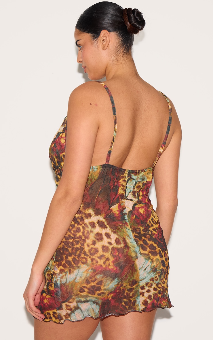 Plus Leopard Abstract Crinkle Mesh Cowl Neck Mini Dress image 2