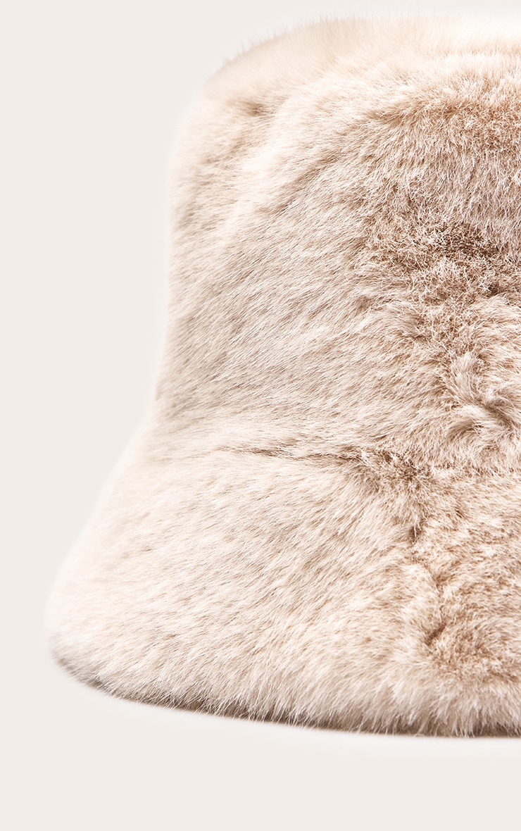 Beige Faux Fur Bucket Hats image 3