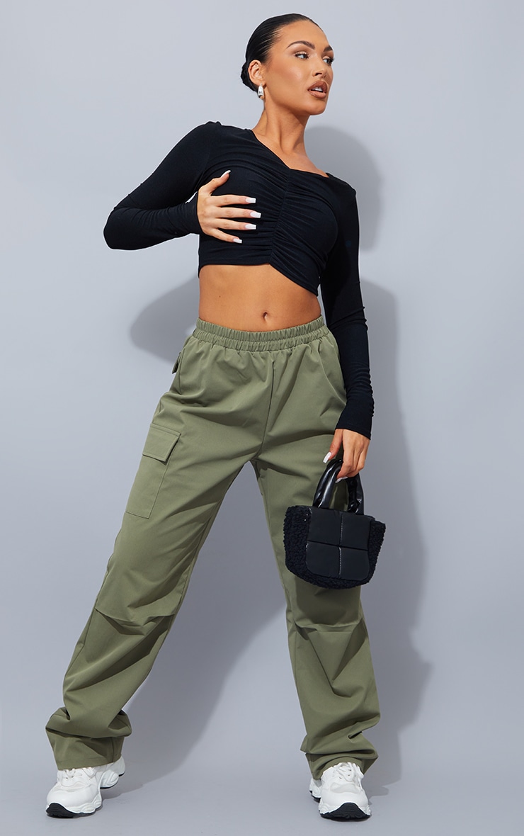 Crop top en jersey stretch noir froncé devant image 3