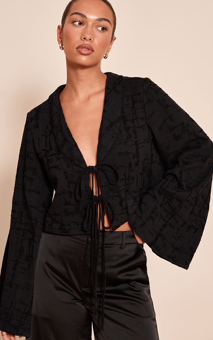 Black Textured Lightweight Woven Tie Front Shirt image 1
