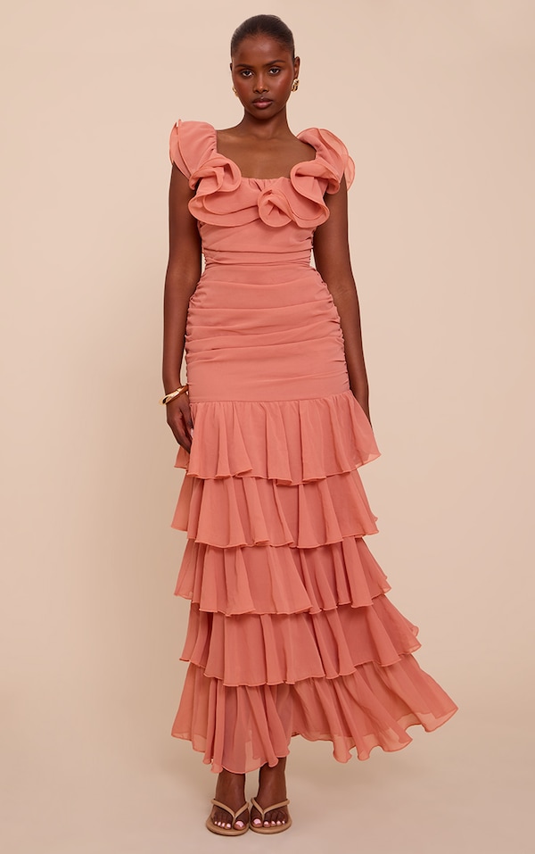 Blush Chiffon Ruched Ruffle Maxi Dress