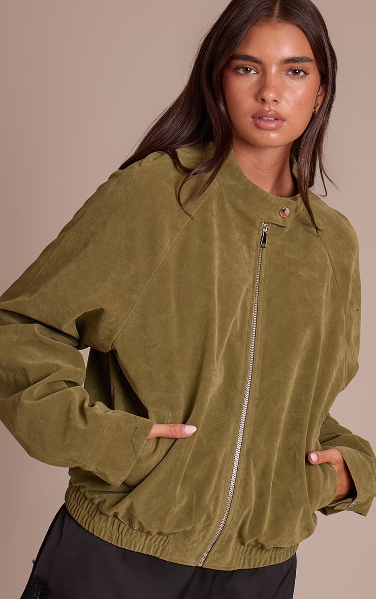 Olive Faux Suede Racer Neck Jacket image 4