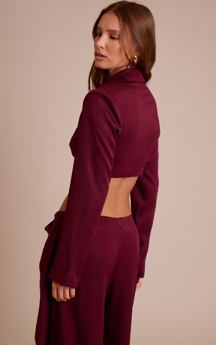 Dark Wine Twist Detail Long Sleeve Cropped Blazer image 2