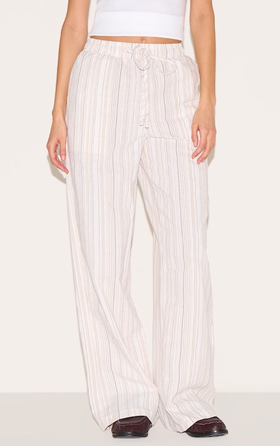 Beige Pinstripe Printed Drawstring Waist Slouchy Pants
