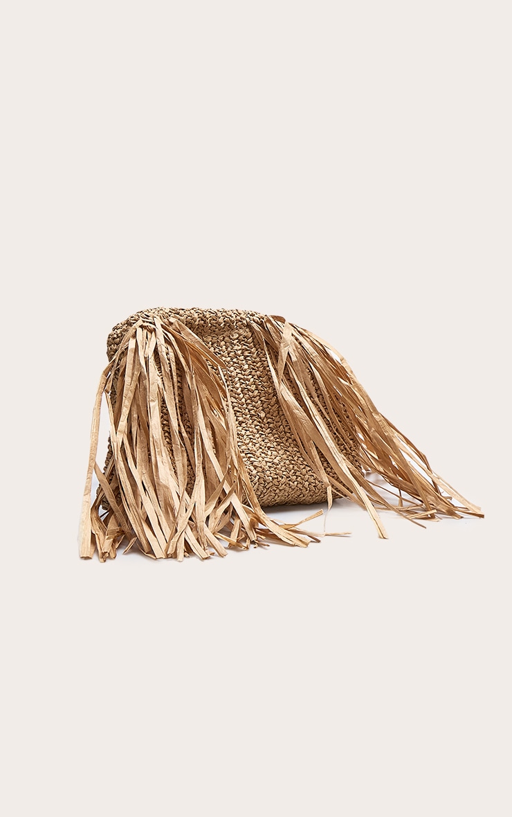 Camel Slouchy Raffia Fringe Clutch image 2