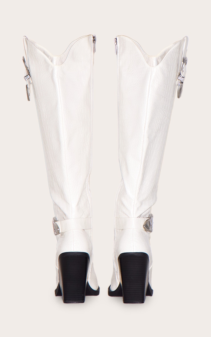 White Croc PU Point Toe High Block Heel Knee High Western Boots image 3