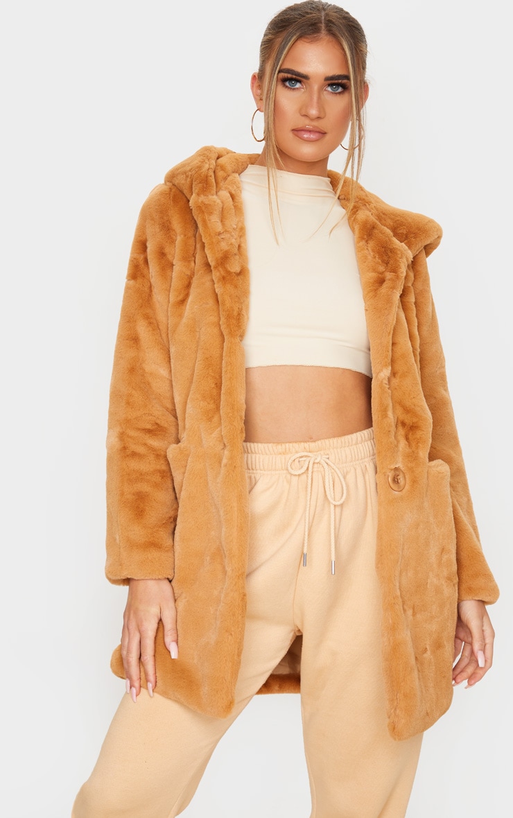 Camel Hooded Faux Fur Midi Coat