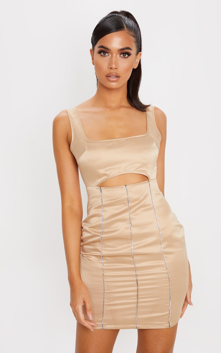 Champagne Sleeveless Cut Out Diamante Stripe Bodycon Dress