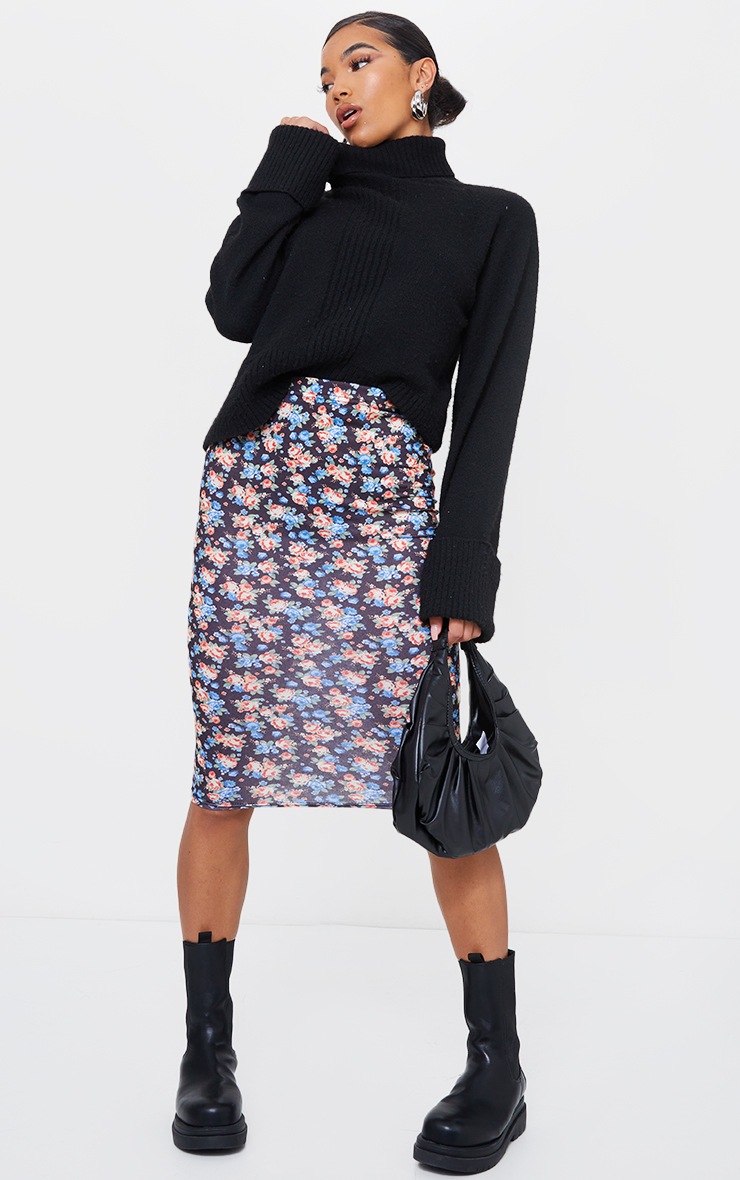Black Ditsy Printed Basic Midi Skirt