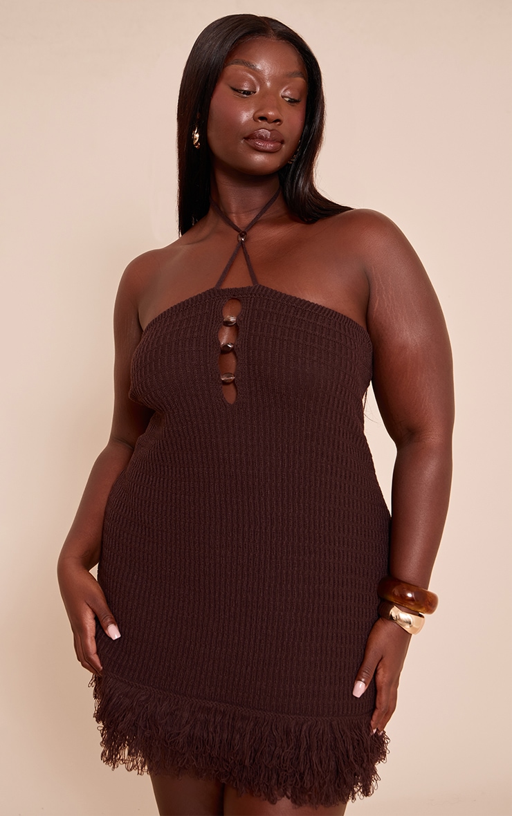 Plus Chocolate Halterneck Bead Detail Knit Mini Dress image 3