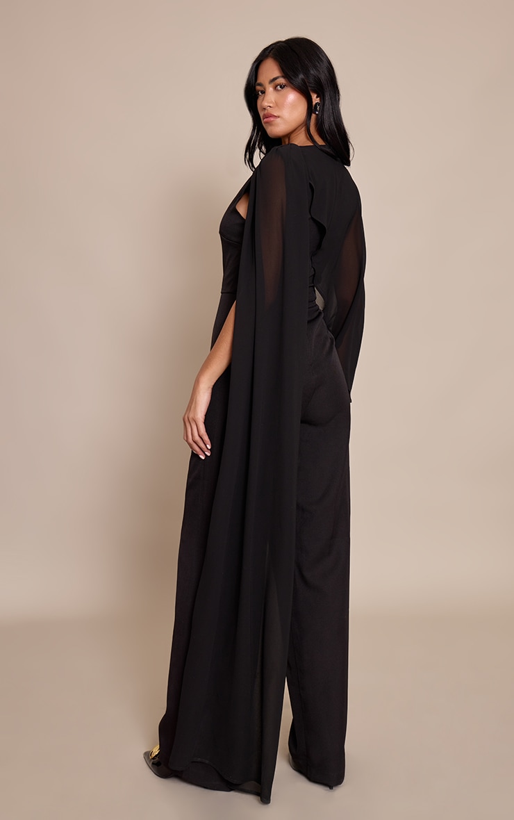 Black Chiffon Cape Detail Straight Leg Jumpsuit image 2