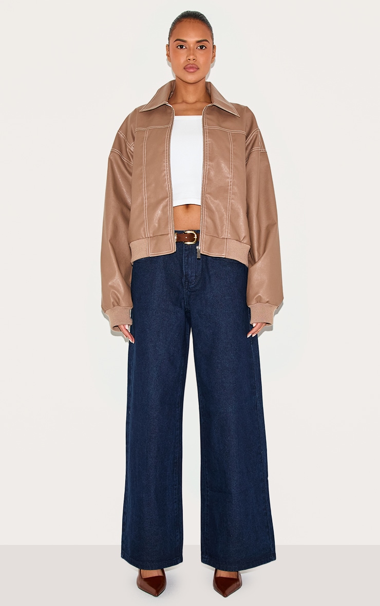 Deep Taupe Faux Leather Stitch Detailing Biker Jacket image 3