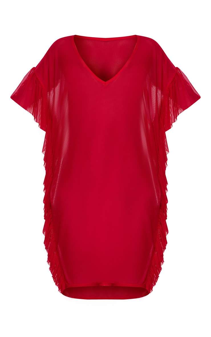 Red Mesh Frill Deep Plunge Beach Cover Dress. Dresses