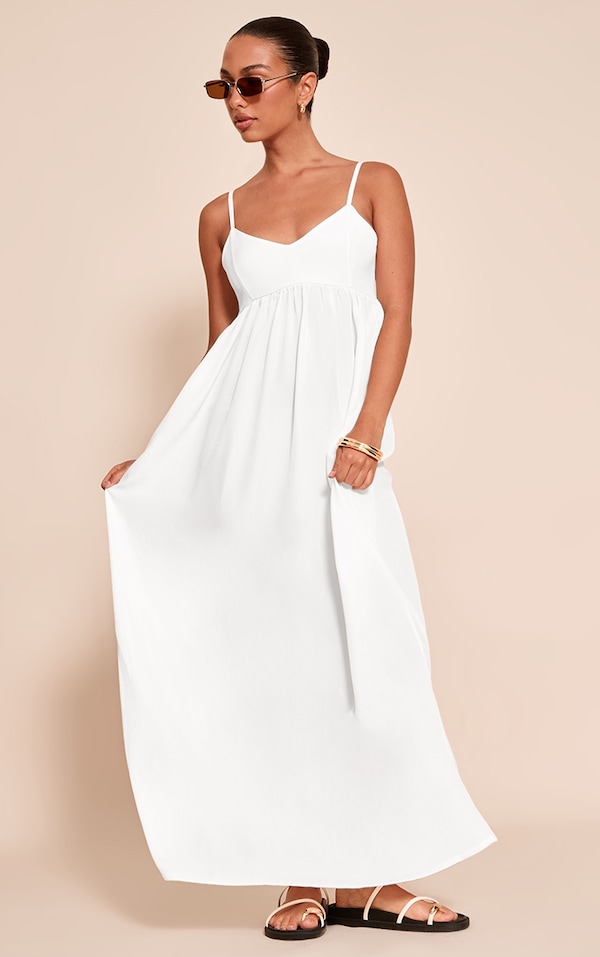White Textured Strappy Scoop Neck Sleeveless Maxi Dress