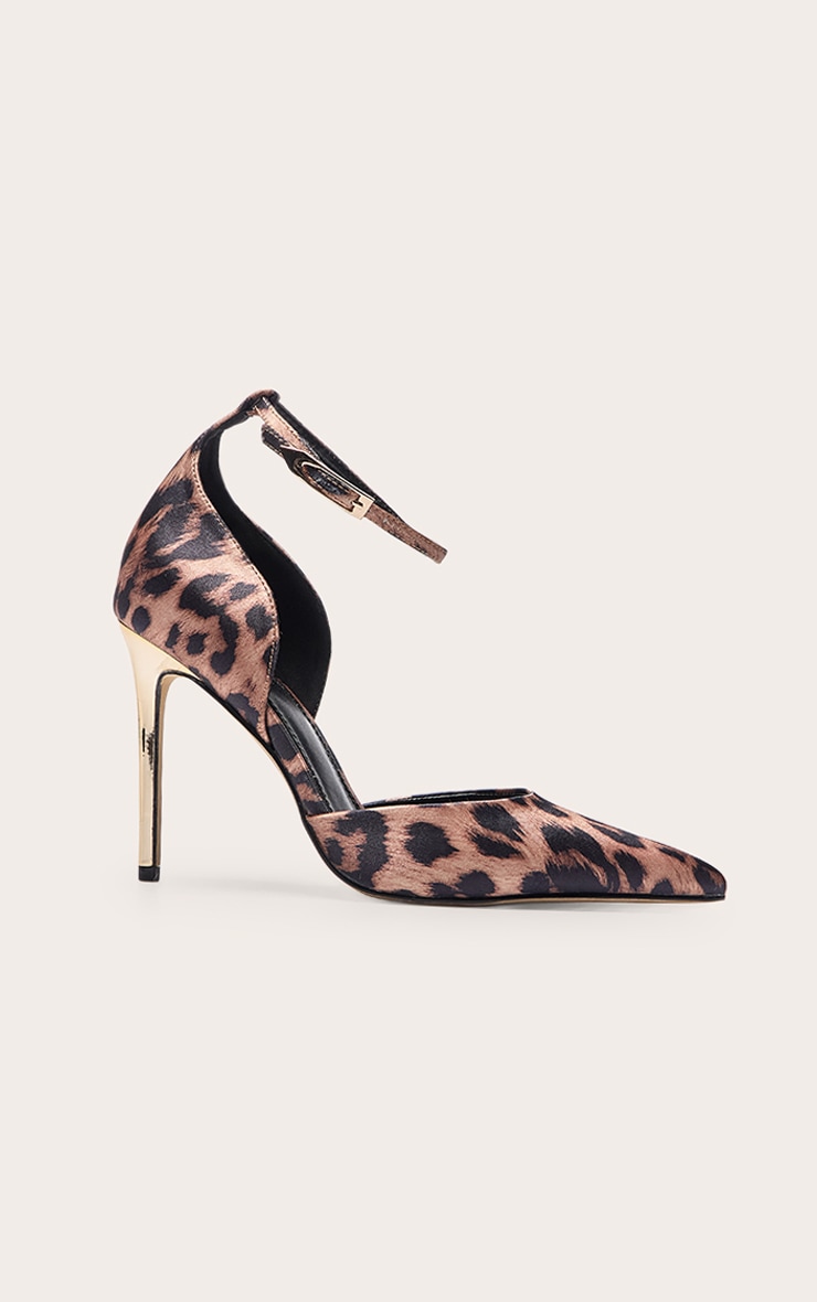 Escarpins satinés léopard à talon aiguille doré image 2