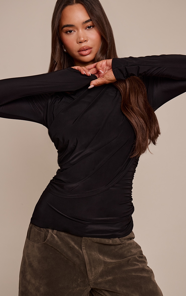 Black Double Layer Slinky Cape Detail Long Sleeve Top