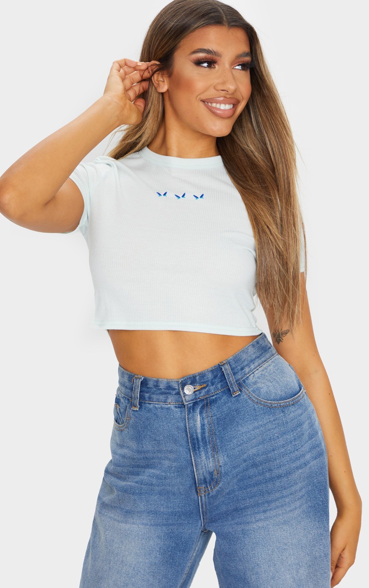 Mint Rib Embroidered Butterfly Crop T Shirt