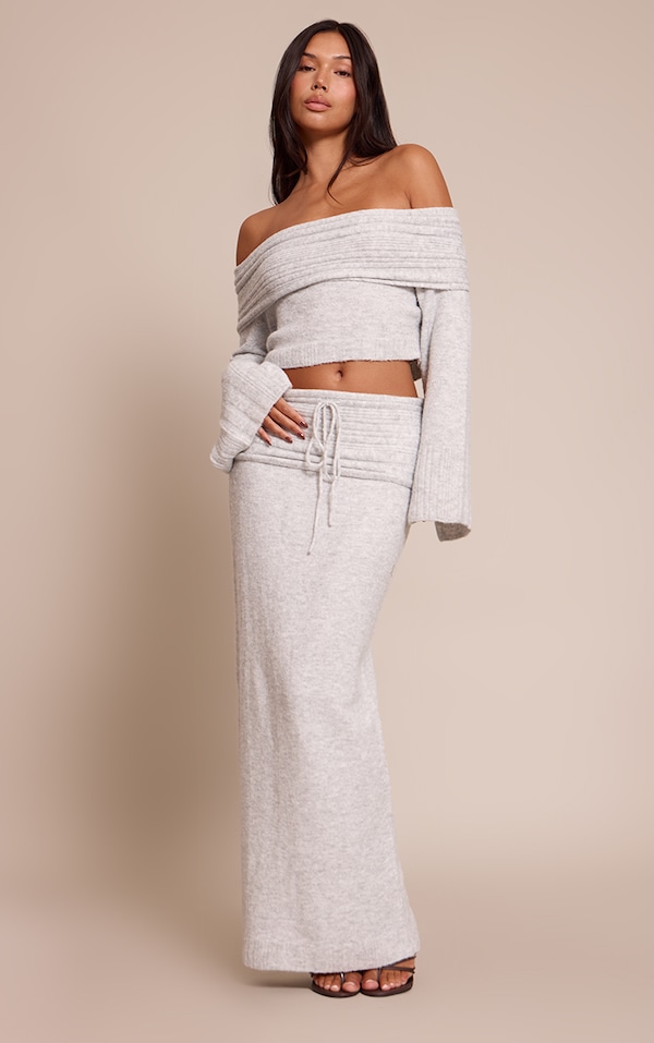 Light Grey Rib Soft Knit Fold over Maxi skirt