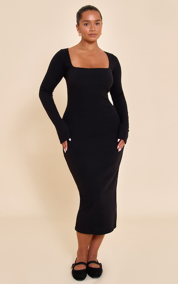 Shape Black Micro Rib Square Neck Long Sleeve Maxi Dress