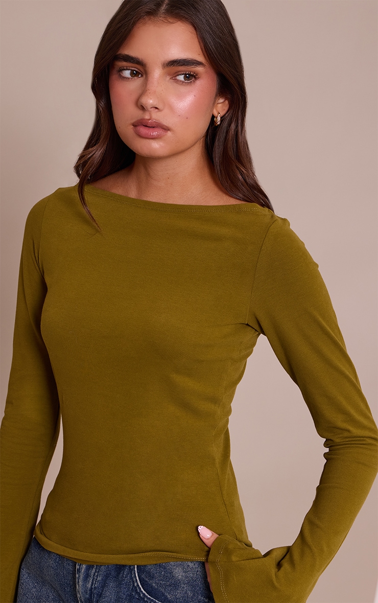 Olive Soft Cotton Boat Neck Flared Long Sleeve Top image 4