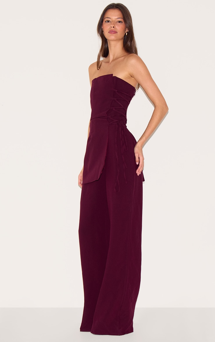PLT Label Deep Burgundy Overlay Panel Lace Up Tailored Jumpsuit image 3
