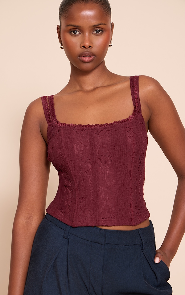 Top corset court en dentelle rouge vin à bretelles fines