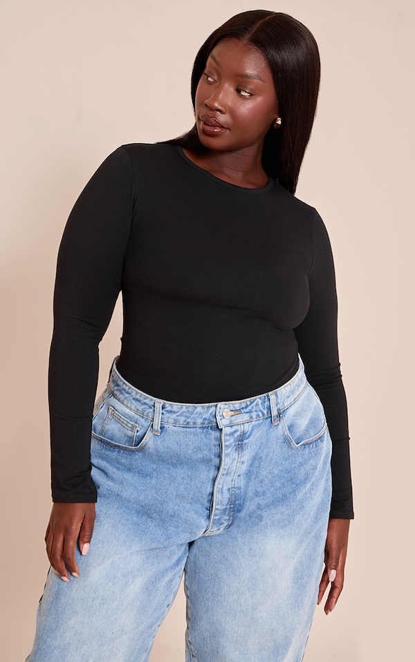 Plus Black Cotton Crew Neck Long Sleeve Bodysuit