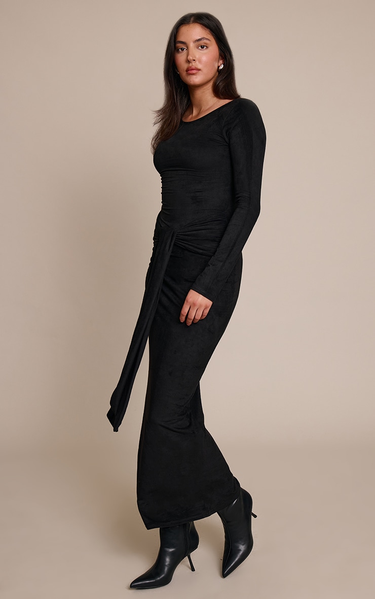 Black Faux Suede Knot Detail Long Sleeve Maxi Dress image 3