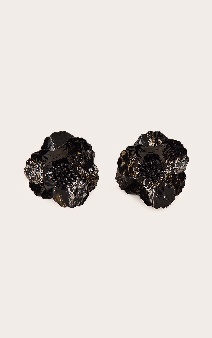 Black Diamante Detail Flower Statement Earrings image 2