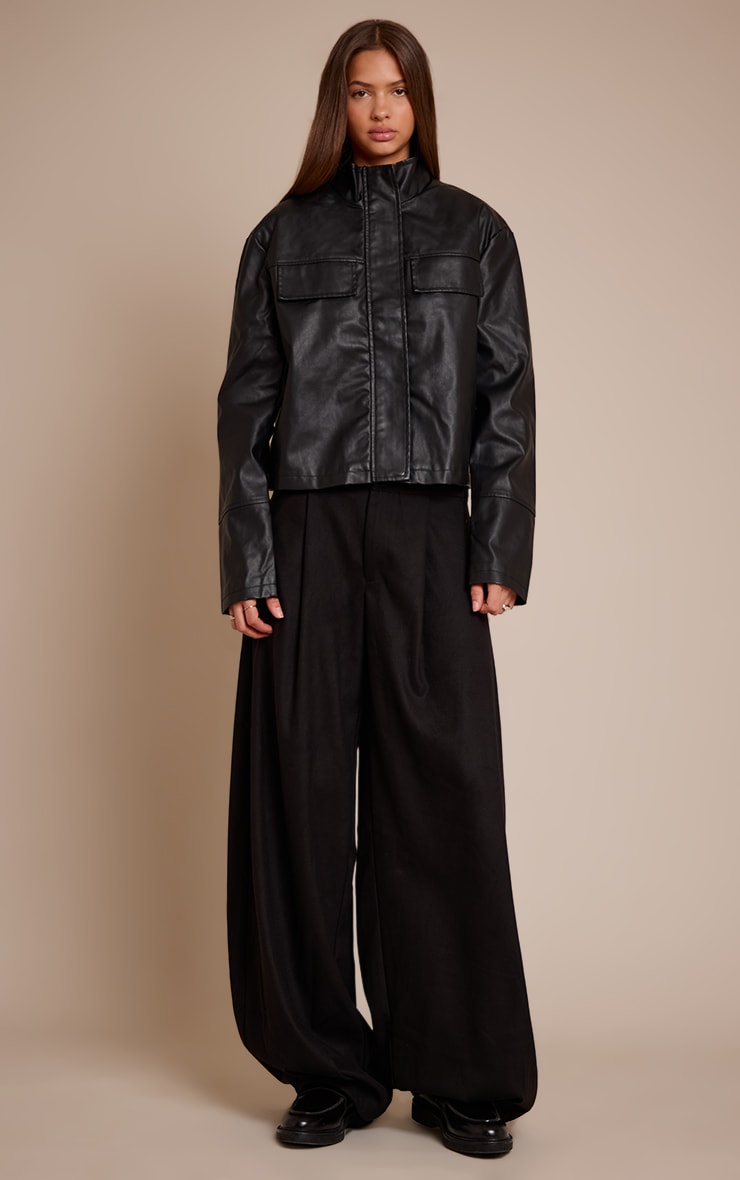 Black Faux Leather Funnel Neck Jacket