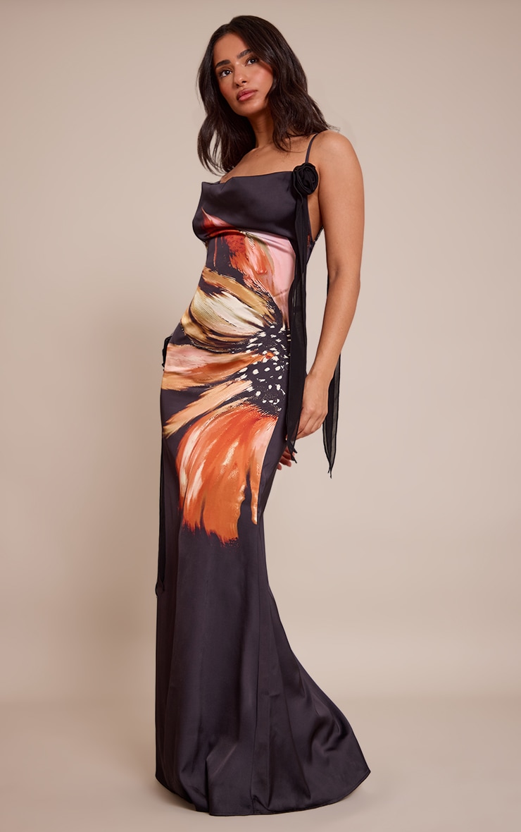 Petite Printed Satin Floral Drape Cowl Neck Maxi Dress image 3