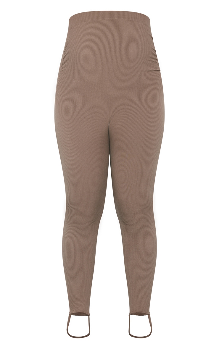 Maternity Coffee Contour Rib Ruched Leggings PrettyLittleThing