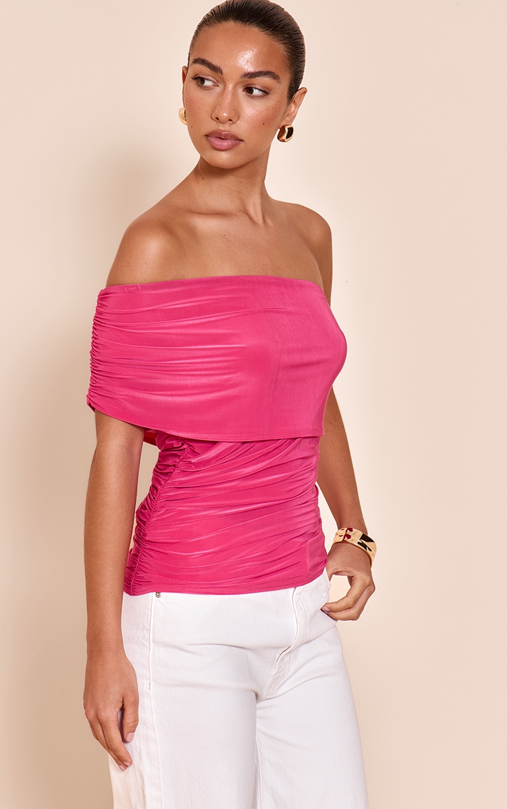 Fuschia Double Layer Slinky Overlay One Shoulder Top image 4
