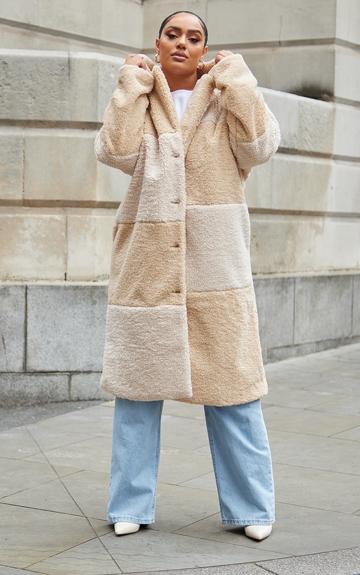 Plus Cream Checkerboard Button Front Borg Coat image 3