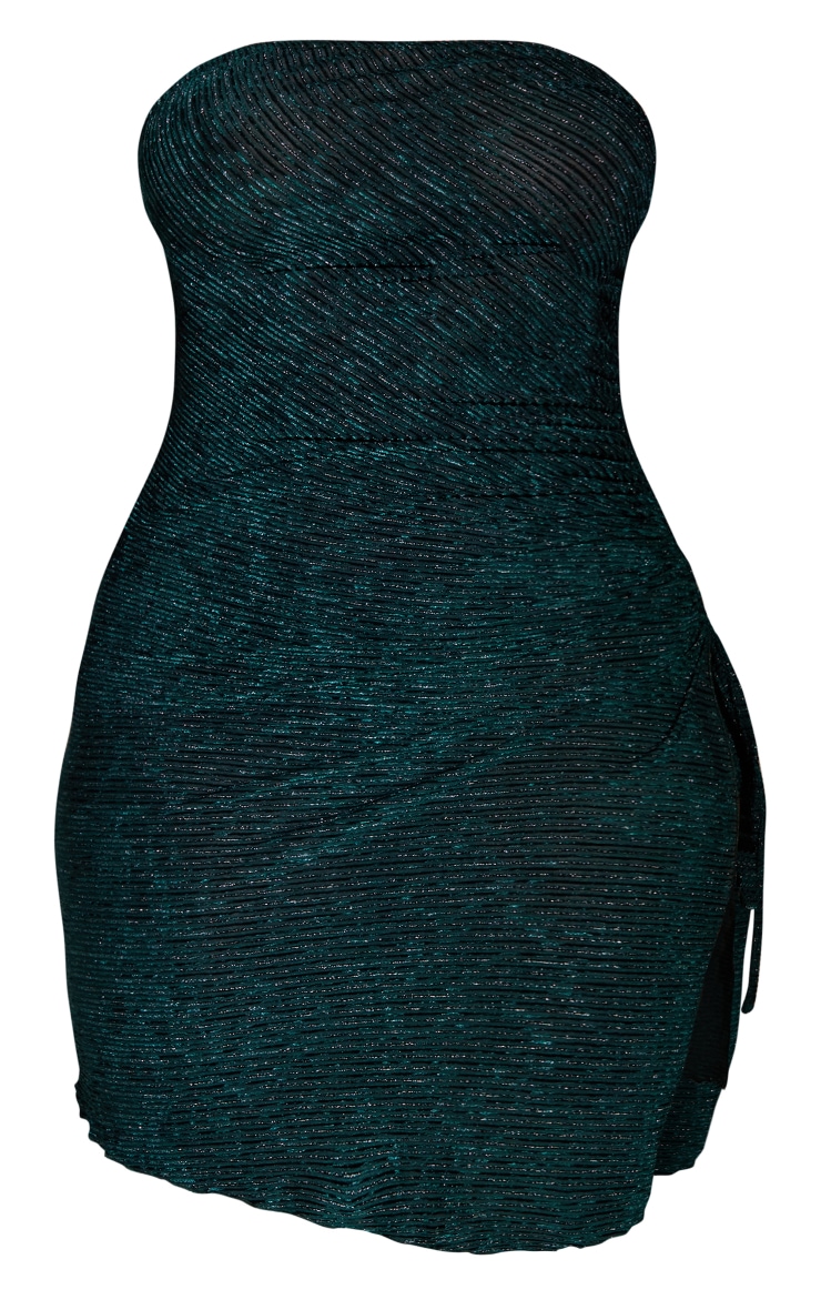 Shape Emerald Green Glitter Textured Bandeau Ruched Side Frill Bodycon Dress image 5