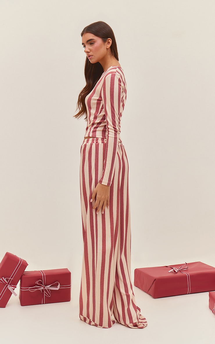 Red Striped Pointelle Long Sleeve Top and Pant PJ Set image 2